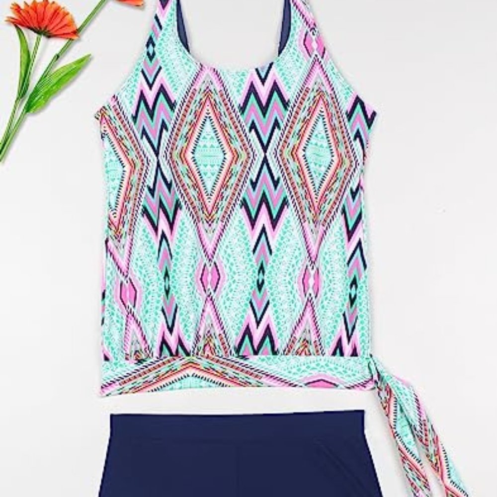 Miturn Womens Bandeau Printed Tie Side Blouson Tankini Tops Two Pieces Swimsuit - Picture 4 of 8